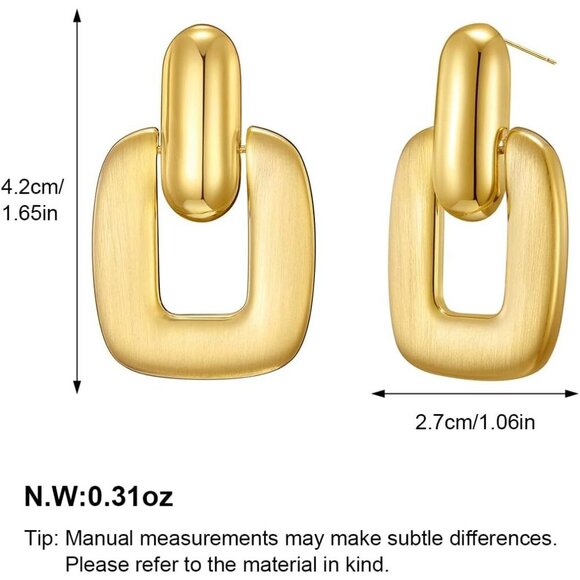 Women's Gold Brushed Square Statement Retro Hoop Dangle Earrings Multiple Style - Picture 4 of 7